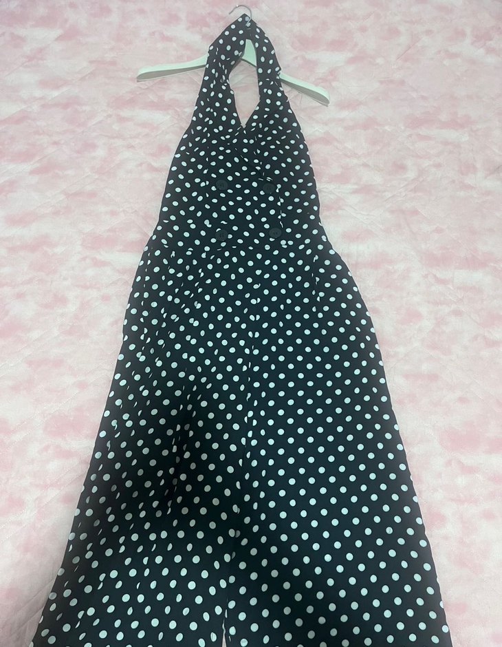 Siyah Puantiyeli Kemerli Kadın Uzun Tulum - Görsel 5