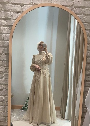 Bej Nakışlı Uzun Kollu Kadın Abiye - Görsel 2