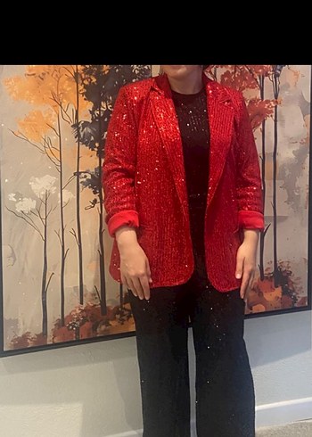 Pull and Bear Kirmizi Payetli Blazer Ceket