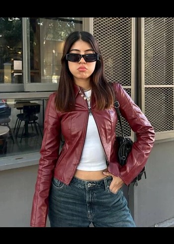 Bordo Parlak Deri Kadın Ceket - Görsel 3