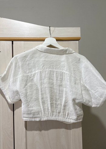 Zara Beyaz Keten Kısa Kollu Düğmeli Gömlek - Görsel 2