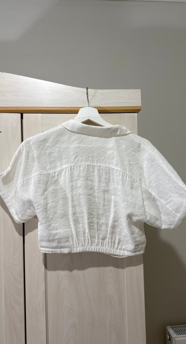 Zara Beyaz Keten Kısa Kollu Düğmeli Gömlek - Görsel 2