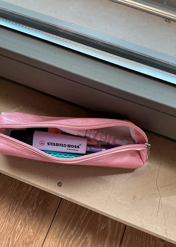 Pembe Deri Fermuarlı kalemlik Makyaj Çantası - Görsel 2