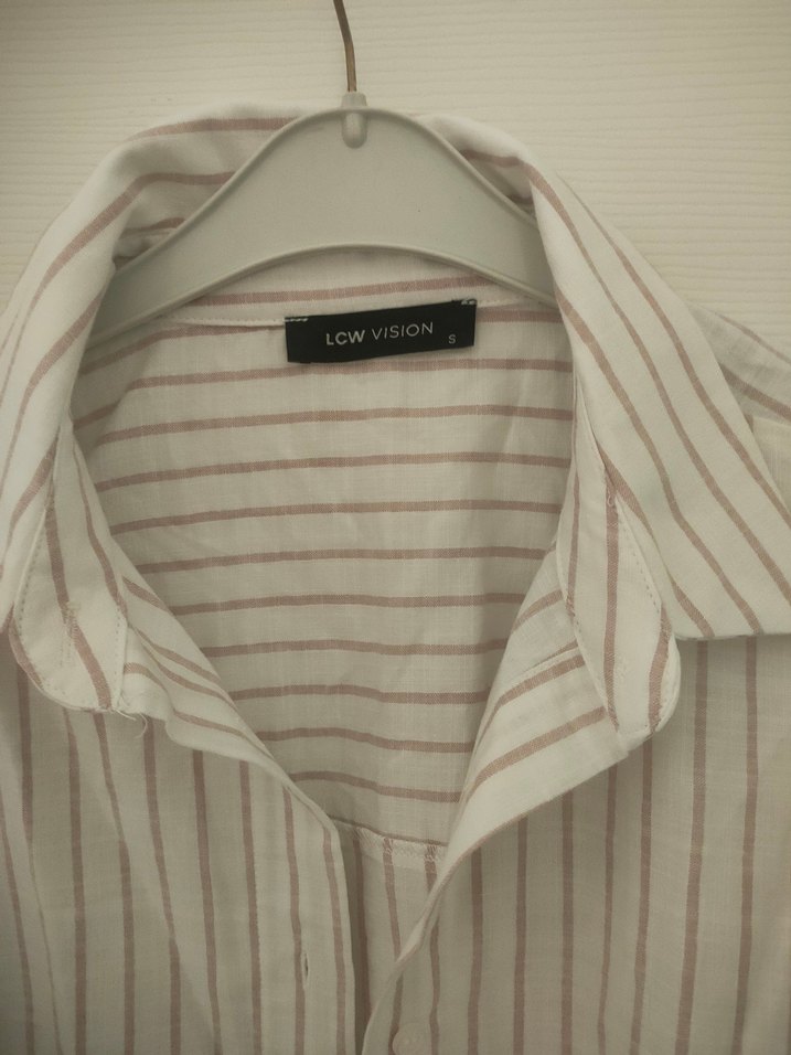 Bej Çizgili Keten Kadın Gömlek - Görsel 2