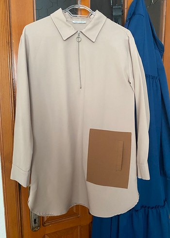 Bej Kadın Tunik, Uzun Kollu, Düğmeli - Görsel 4