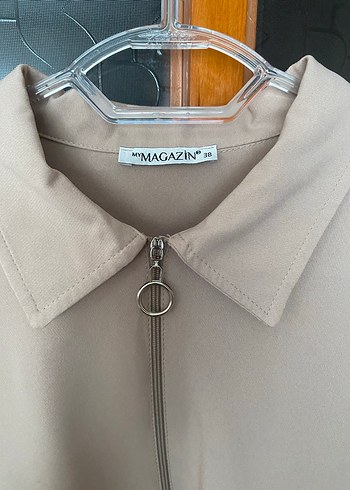 Bej Kadın Tunik, Uzun Kollu, Düğmeli - Görsel 3