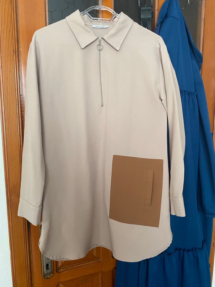 Bej Kadın Tunik, Uzun Kollu, Düğmeli - Görsel 4