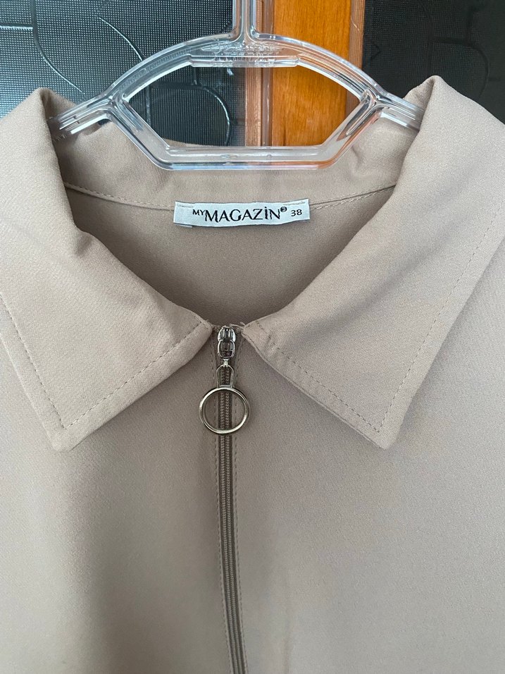 Bej Kadın Tunik, Uzun Kollu, Düğmeli - Görsel 3