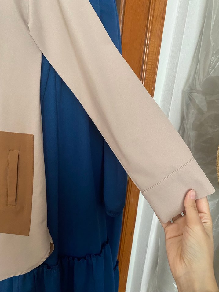 Bej Kadın Tunik, Uzun Kollu, Düğmeli - Görsel 2