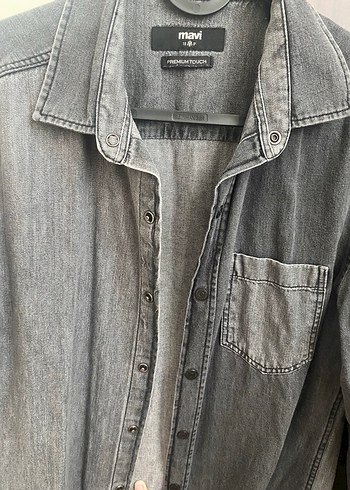 Gri Erkek Denim Gömlek Düğmeli - Görsel 4