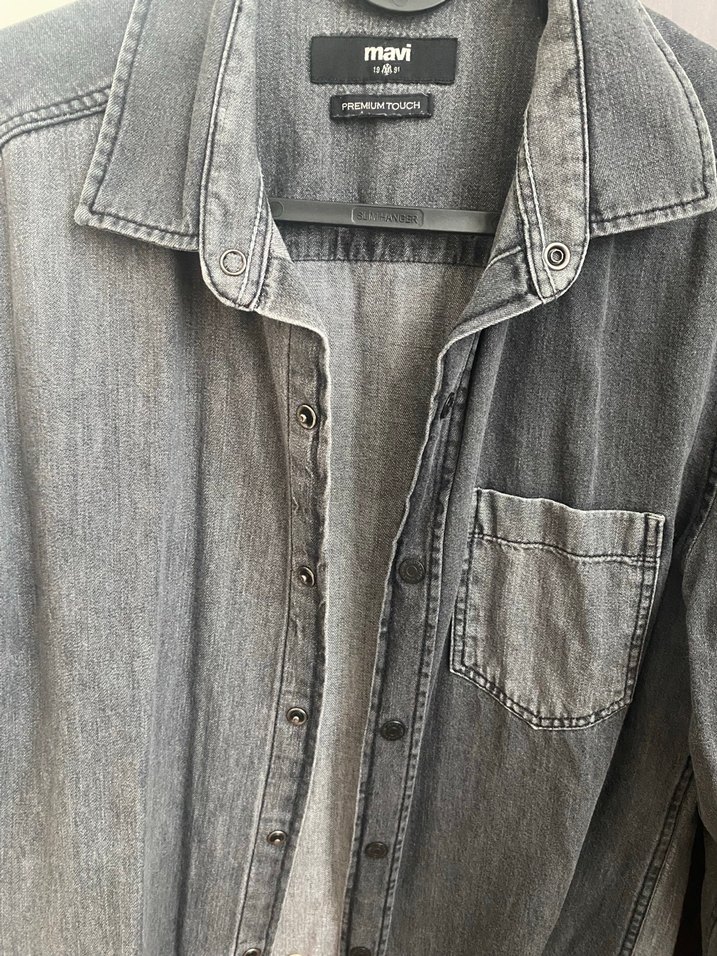 Gri Erkek Denim Gömlek Düğmeli - Görsel 5