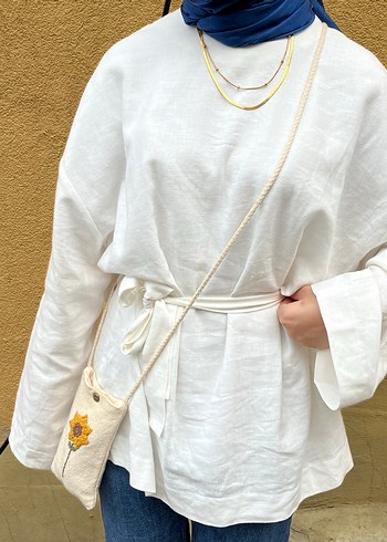 Beyaz Keten Kuşaklı Salaş Kimono