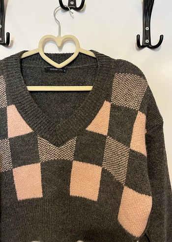 V Yaka Oversize Kareli Triko Kazak - Görsel 2