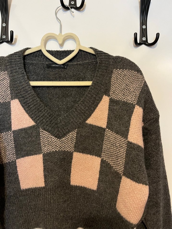 V Yaka Oversize Kareli Triko Kazak - Görsel 2