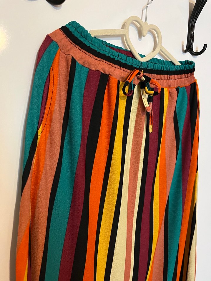 Renkli Çizgili Pilili Uzun Kadın Etek - Görsel 2