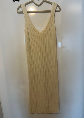 Bej V Yaka Kolsuz Triko Midi Elbise - Görsel 2