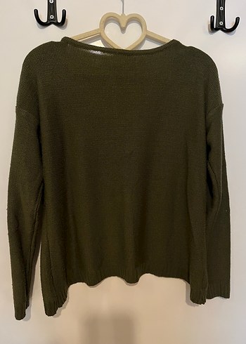 Kadın haki renkli V Yakalı Örgü Triko Kazak - Görsel 3