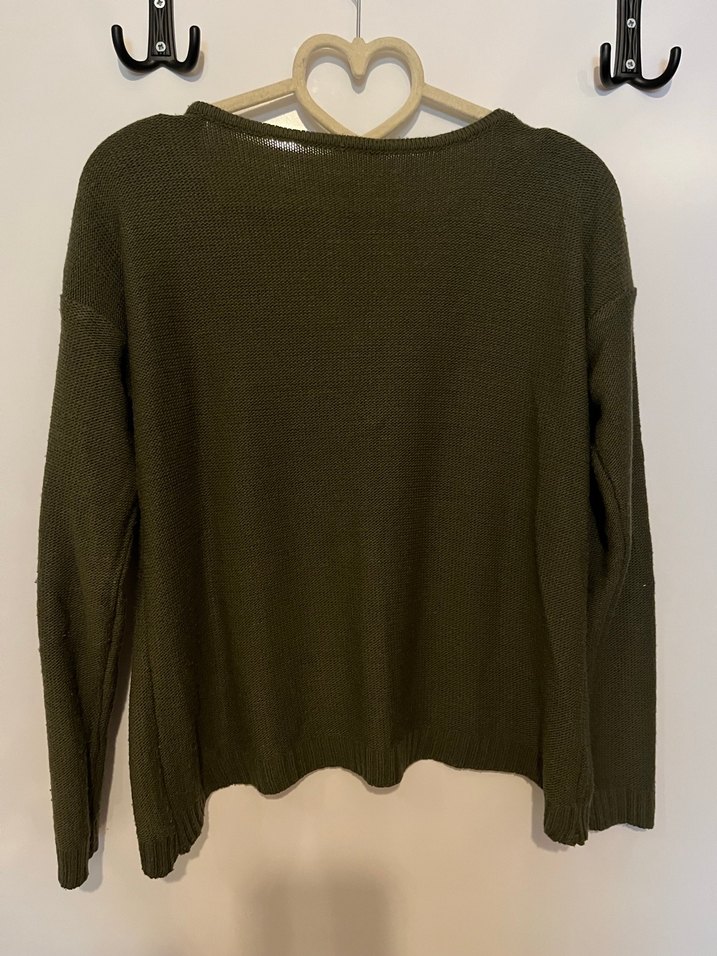 Kadın haki renkli V Yakalı Örgü Triko Kazak - Görsel 3