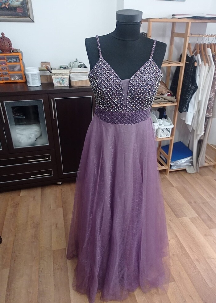 Taşlı transparan mor abiye nişanlık - Görsel 3