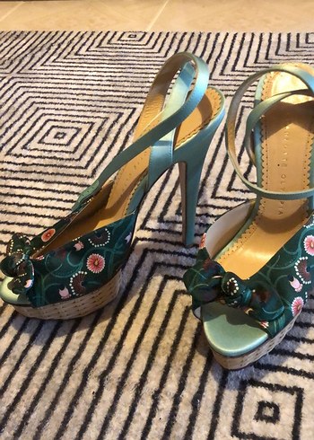 Çiçek Desenli Turkuaz Platform Topuklu Kadın Ayakkabı - Görsel 2