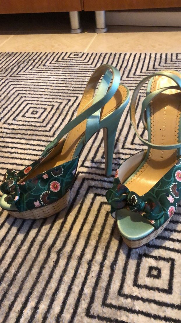 Çiçek Desenli Turkuaz Platform Topuklu Kadın Ayakkabı - Görsel 2