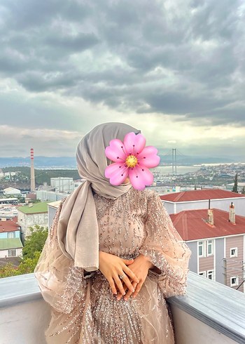 Krem Uzun  Çiçek Desenli balık model  Kadın Elbise - Görsel 3