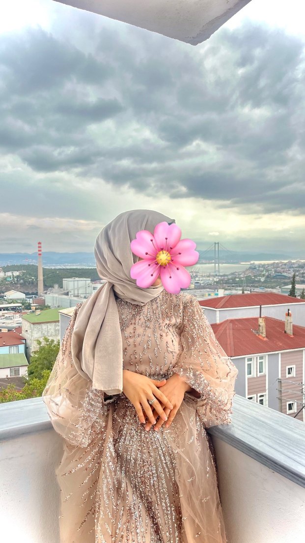 Krem Uzun  Çiçek Desenli balık model  Kadın Elbise - Görsel 3