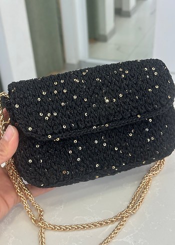 Pul Detaylı Siyah Örgü Kadın Çanta - Görsel 2