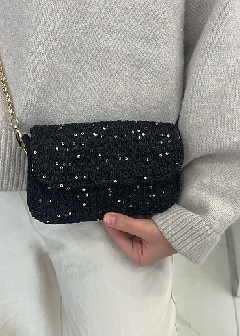 Pul Detaylı Siyah Örgü Kadın Çanta - Görsel 4