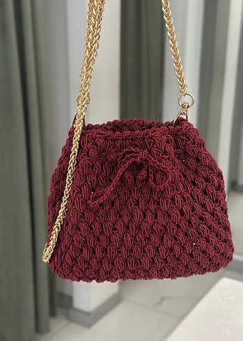 Bordo Örgü Detaylı Zincirli Kadın Çanta - Görsel 3