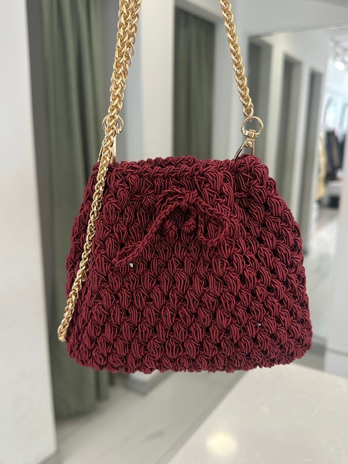 Bordo Örgü Detaylı Zincirli Kadın Çanta - Görsel 2