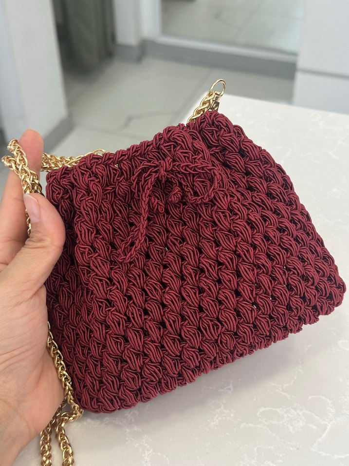 Bordo Örgü Detaylı Zincirli Kadın Çanta - Görsel 4