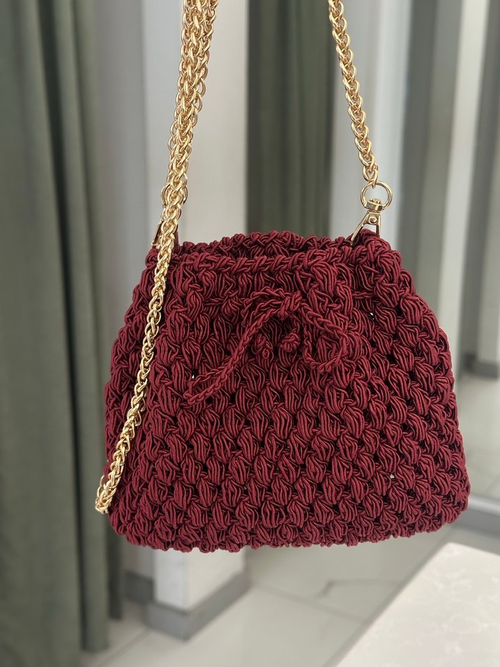 Bordo Örgü Detaylı Zincirli Kadın Çanta - Görsel 3