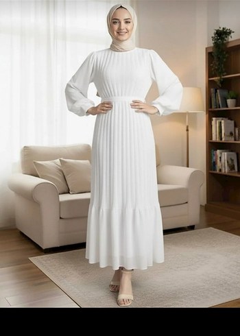 Uzun Beyaz Pilili Kadın Elbise - Görsel 7