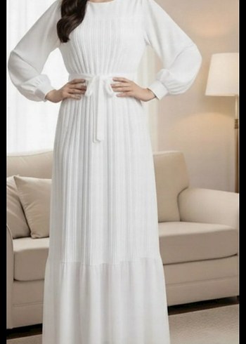 Uzun Beyaz Pilili Kadın Elbise - Görsel 6