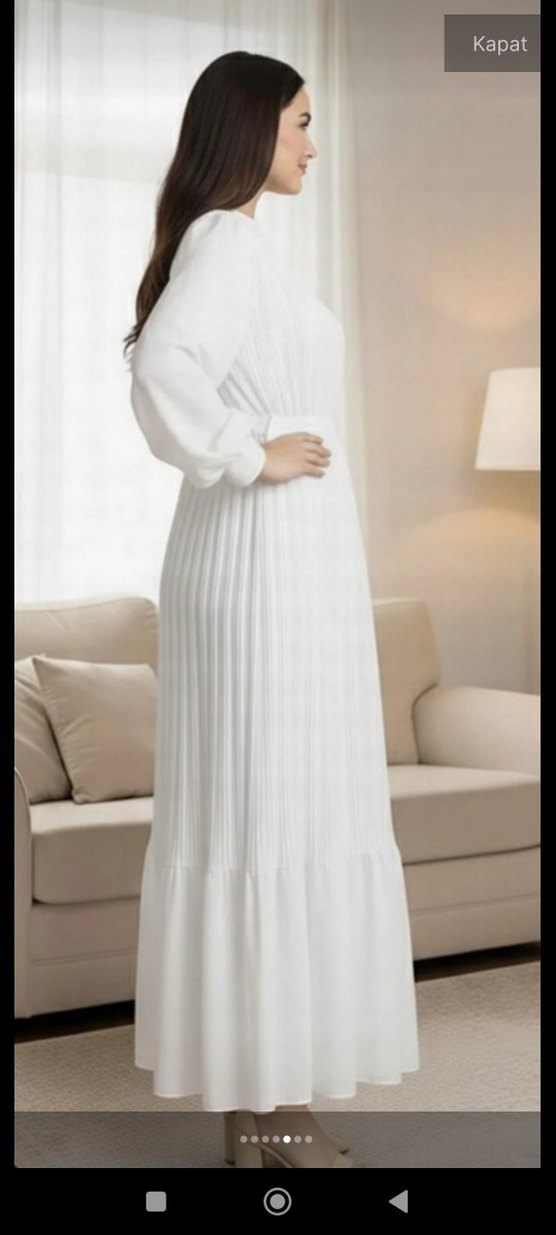 Uzun Beyaz Pilili Kadın Elbise - Görsel 4
