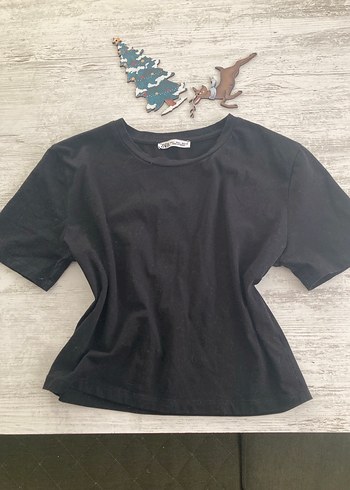 Siyah Kısa Kollu Basic Kadın Crop Tişört - Görsel 3