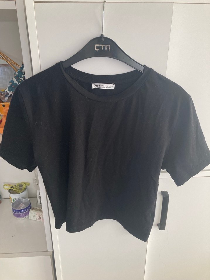 Siyah Kısa Kollu Basic Kadın Crop Tişört - Görsel 2