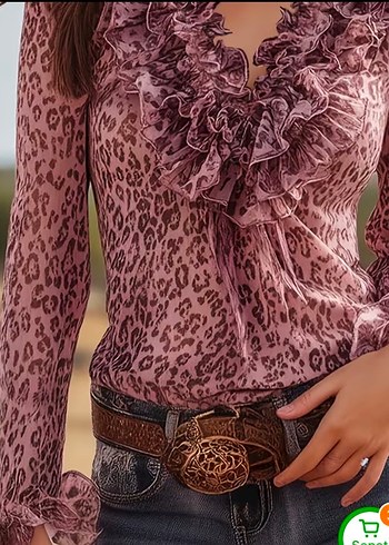 Bohem Leopar Desenli Dantel Detaylı Bluz - Görsel 4