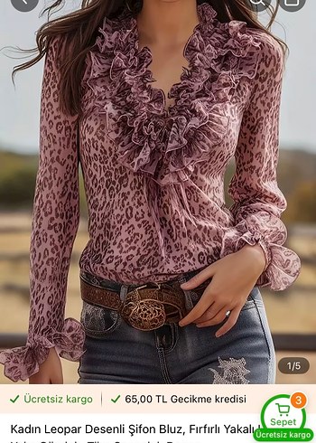 Bohem Leopar Desenli Dantel Detaylı Bluz - Görsel 3