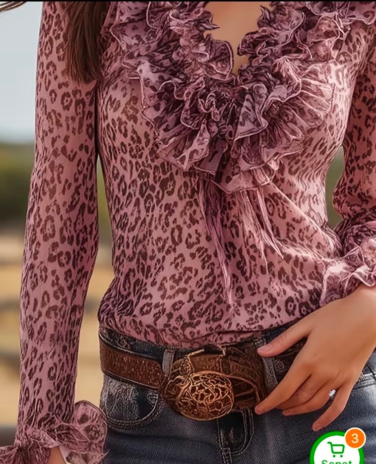 Bohem Leopar Desenli Dantel Detaylı Bluz - Görsel 4