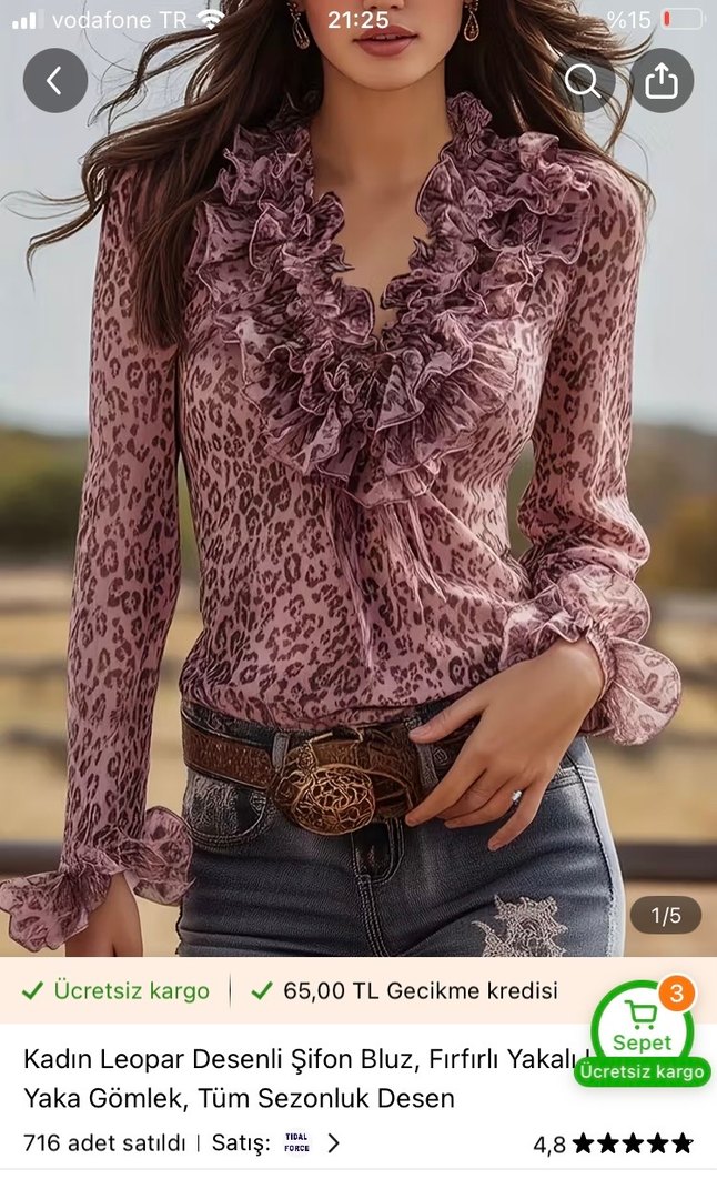 Bohem Leopar Desenli Dantel Detaylı Bluz - Görsel 3