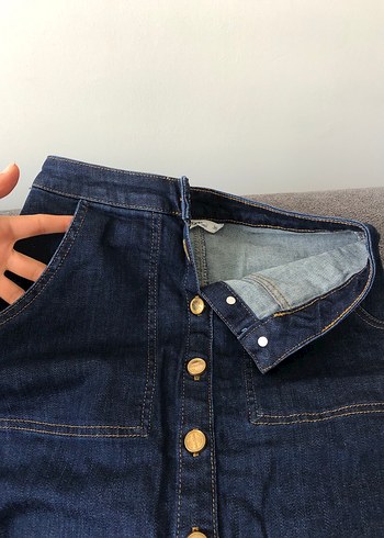 Düğmeli Lacivert Kot Etek - Görsel 6