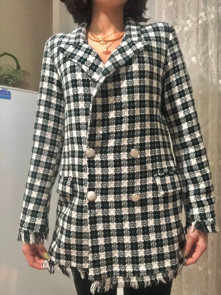 Düğmeli Ekose Kadın Blazer - Görsel 2