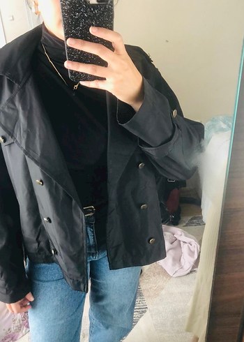 42 Beden Siyah Kemerli Midi Denim Trençkot