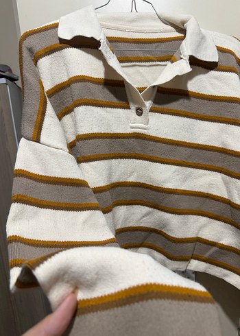 Bej Çizgili Pamuklu Kadın Kazak - Görsel 2