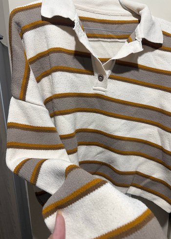 Bej Çizgili Pamuklu Kadın Kazak - Görsel 3