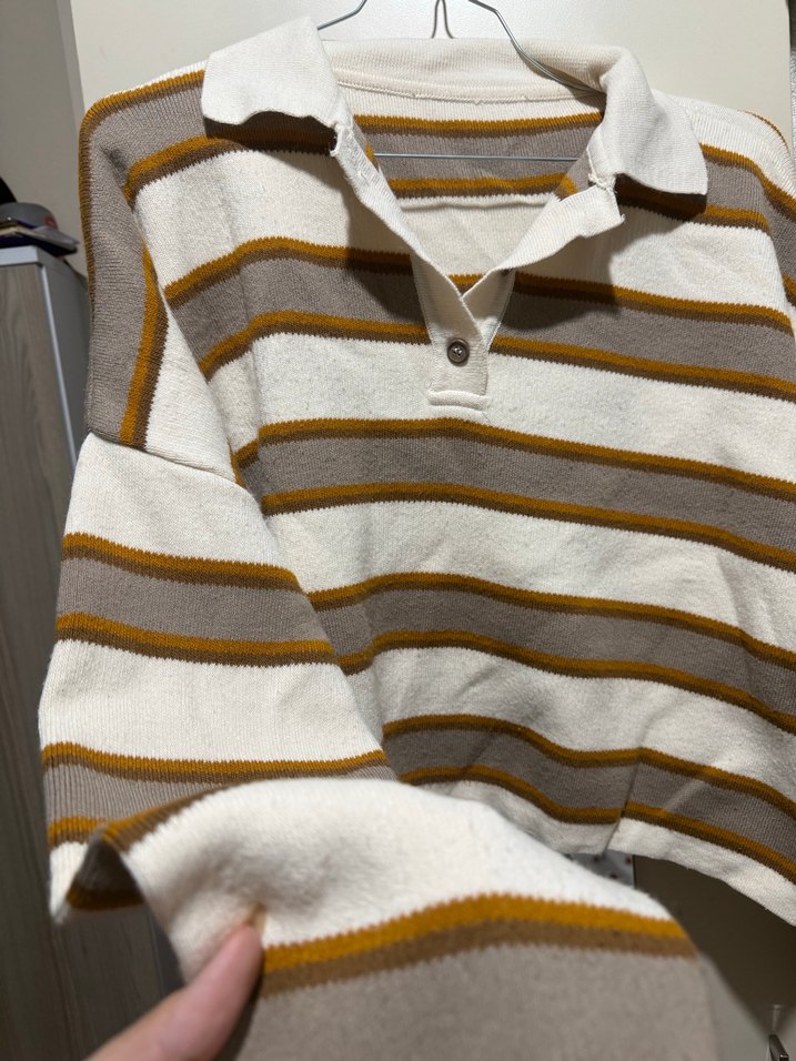 Bej Çizgili Pamuklu Kadın Kazak - Görsel 2