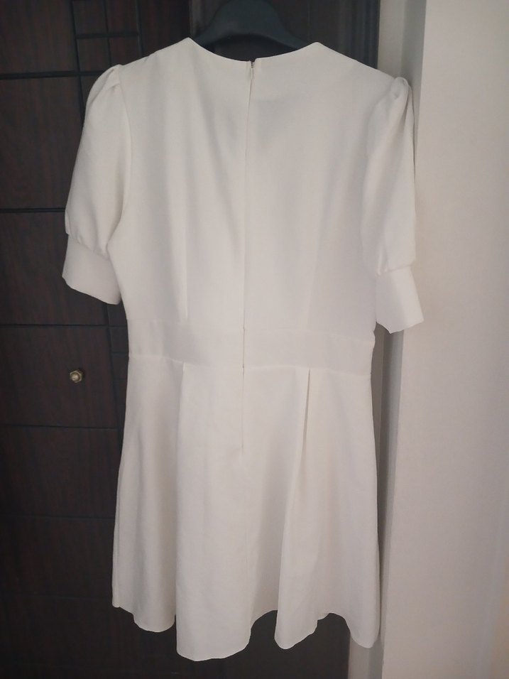 V Yaka Kısa Kollu hafif balon kol Beyaz Midi Elbise - Görsel 3