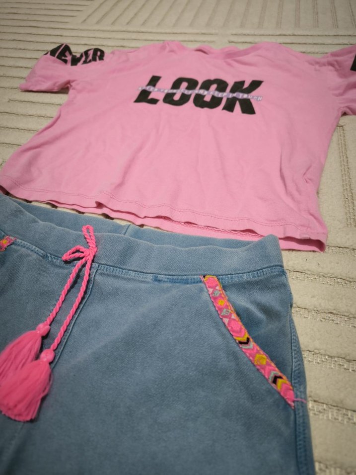 püsküllü kız denim şort ile yuvarlak yaka baskılı t-shirt 7/8yaş - Görsel 3